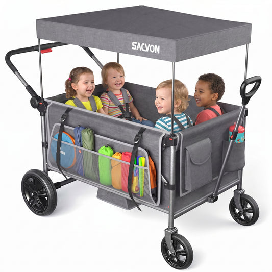 SACVON Stroller Wagon for 4 Kids with 5-Point Harnesses,Detachable Seats Stroller Wagon 4 Seater for Garden,Removable Canopy,Adjustable Handles,Camping Trips,Gray