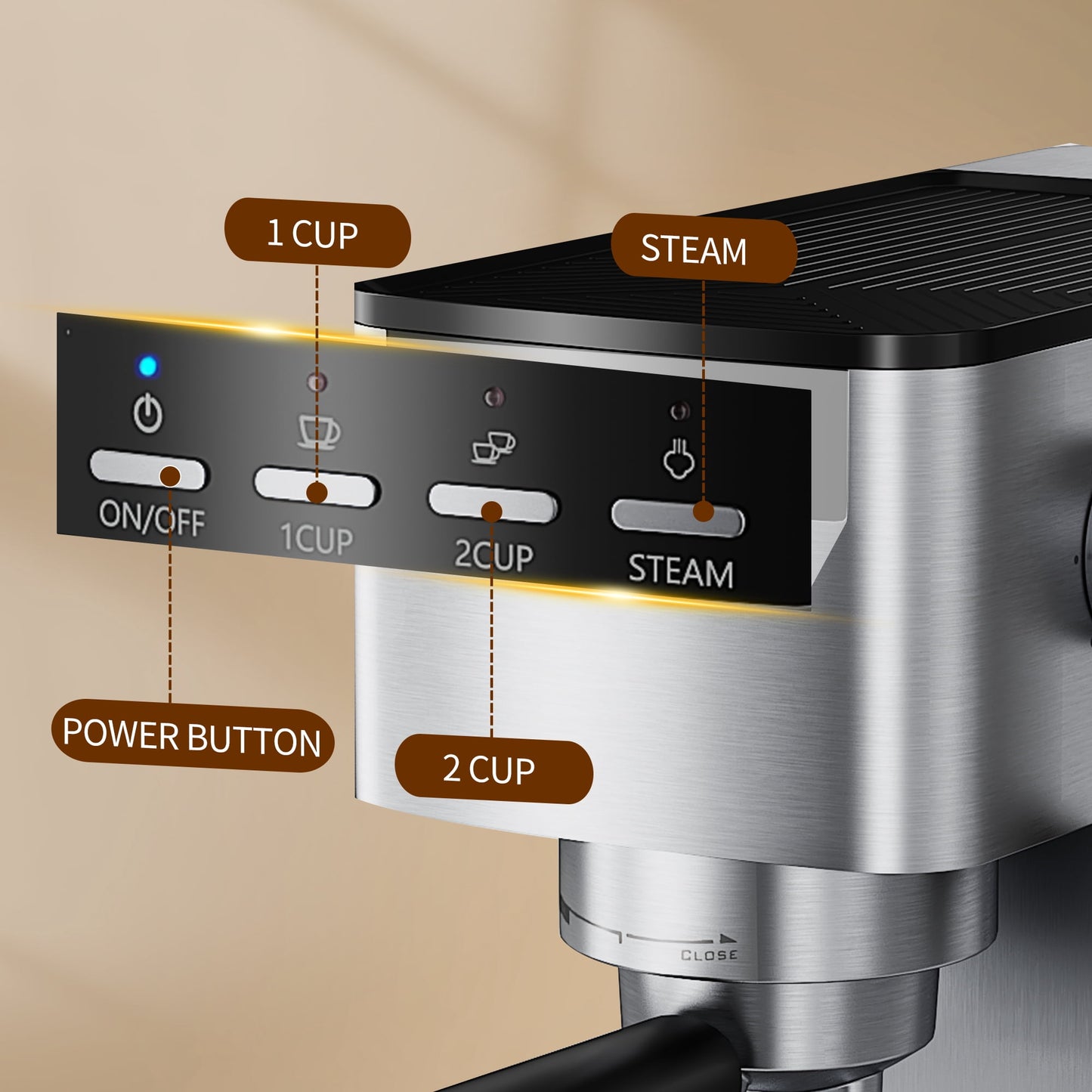 Espresso Machine 15 Bar, Milk Frother Steam Wand for Authentic Single & Double Espresso, Lattes & Cappuccinos with 47oz Removable Water Tank for Home Office Kitchen