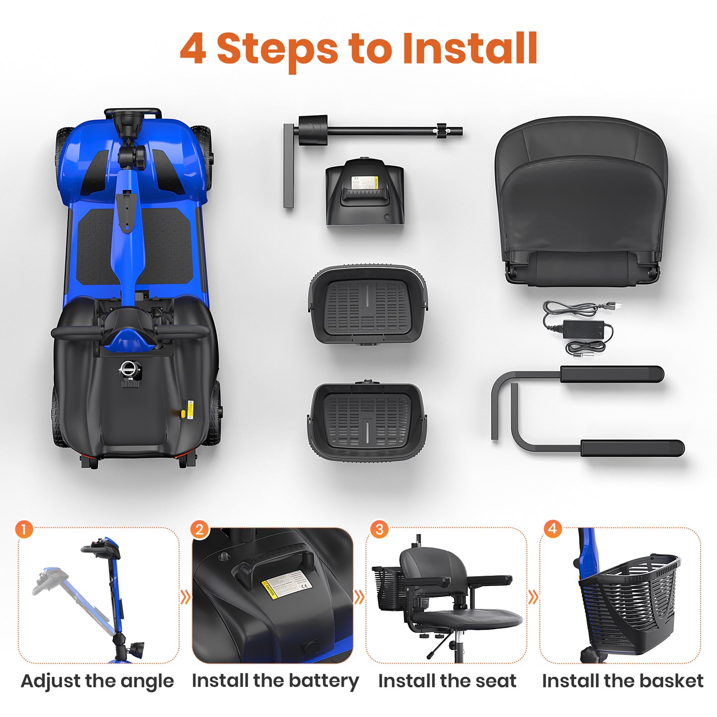SACVON 4 Wheel Mobility Scooter for Seniors, with 330 lbs Capacity, 250W Motor, Long Battery Life, Comfort Swivel Seat, Detachable Dual Baskets, USB Port & LED Light, Blue