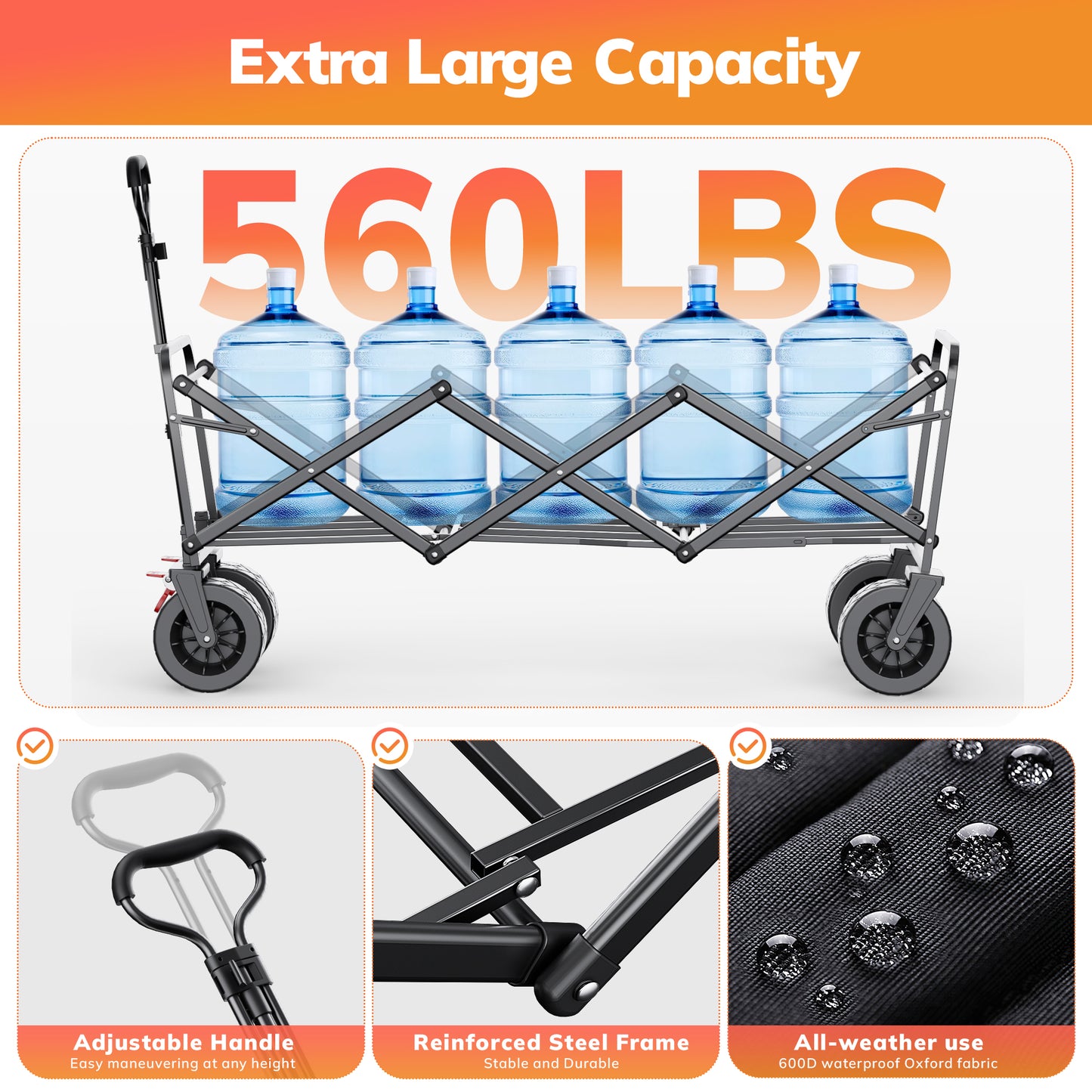 Vecukty 51.2" Large Collapsible Folding Wagon Cart, 560 lbs Load Capacity, Heavy-Duty Steel Frame & Oversized Wheels for Grocery Shopping, Camping, Sports, Moving – Black