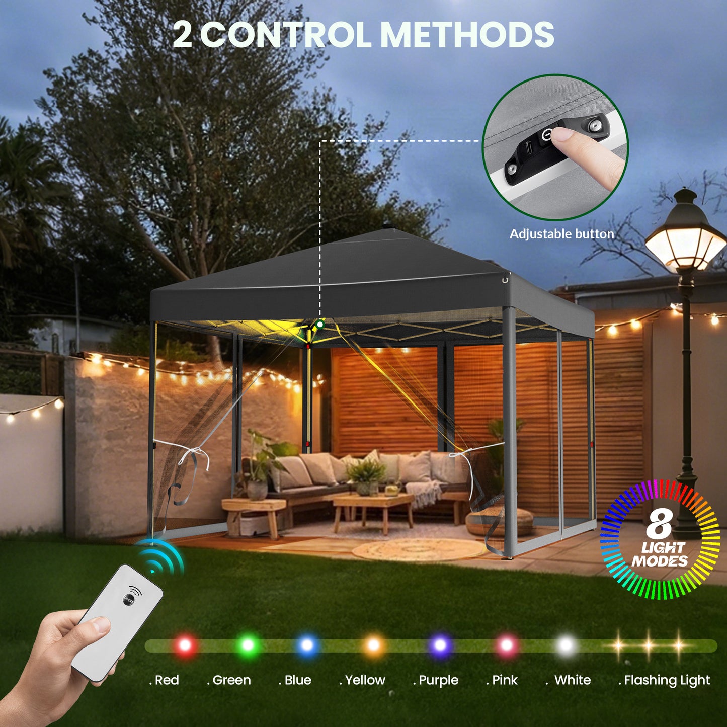 Vecukty 10x10ft Pop Up Canopy Tent with Removable Mesh Mosquito Sidewalls, Remote-Controlled 8-Color LED Lights ,Instant Outdoor Shelter Gazebo Tent,Gray