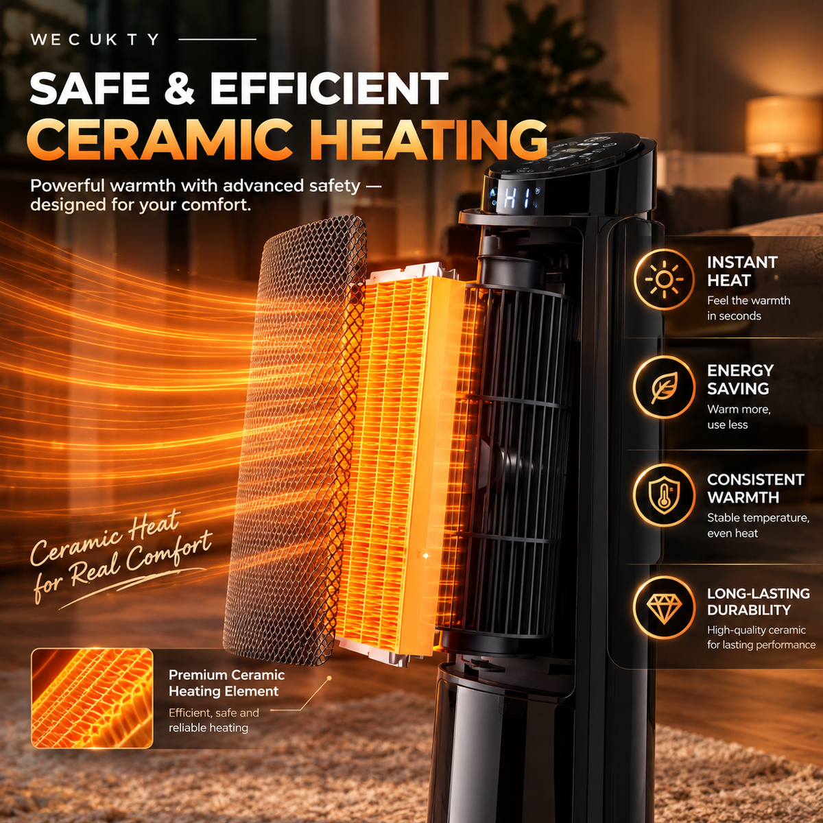 Vecukty Tower Space Heater with 3D Flame, 1500W Portable Electric Heater with Remote Control, Thermostat, 12H Timer for Home Office