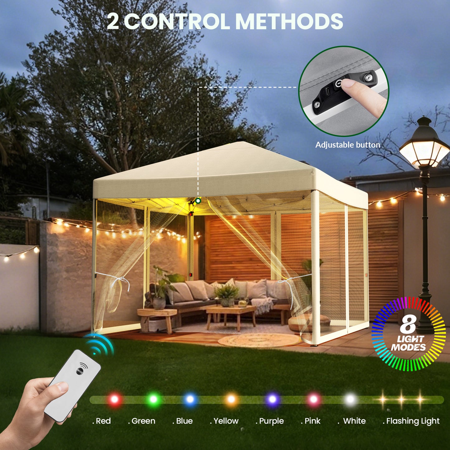 Vecukty 10x10ft Pop Up Canopy Tent with Removable Mesh Mosquito Sidewalls, Remote-Controlled 8-Color LED Lights ,Instant Outdoor Shelter Gazebo Tent, White