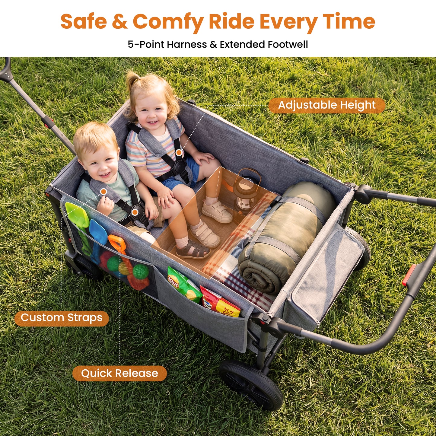 SACVON Stroller Wagon for 4 Kids with 5-Point Harnesses,Detachable Seats Stroller Wagon 4 Seater for Garden,Removable Canopy,Adjustable Handles,Camping Trips,Gray
