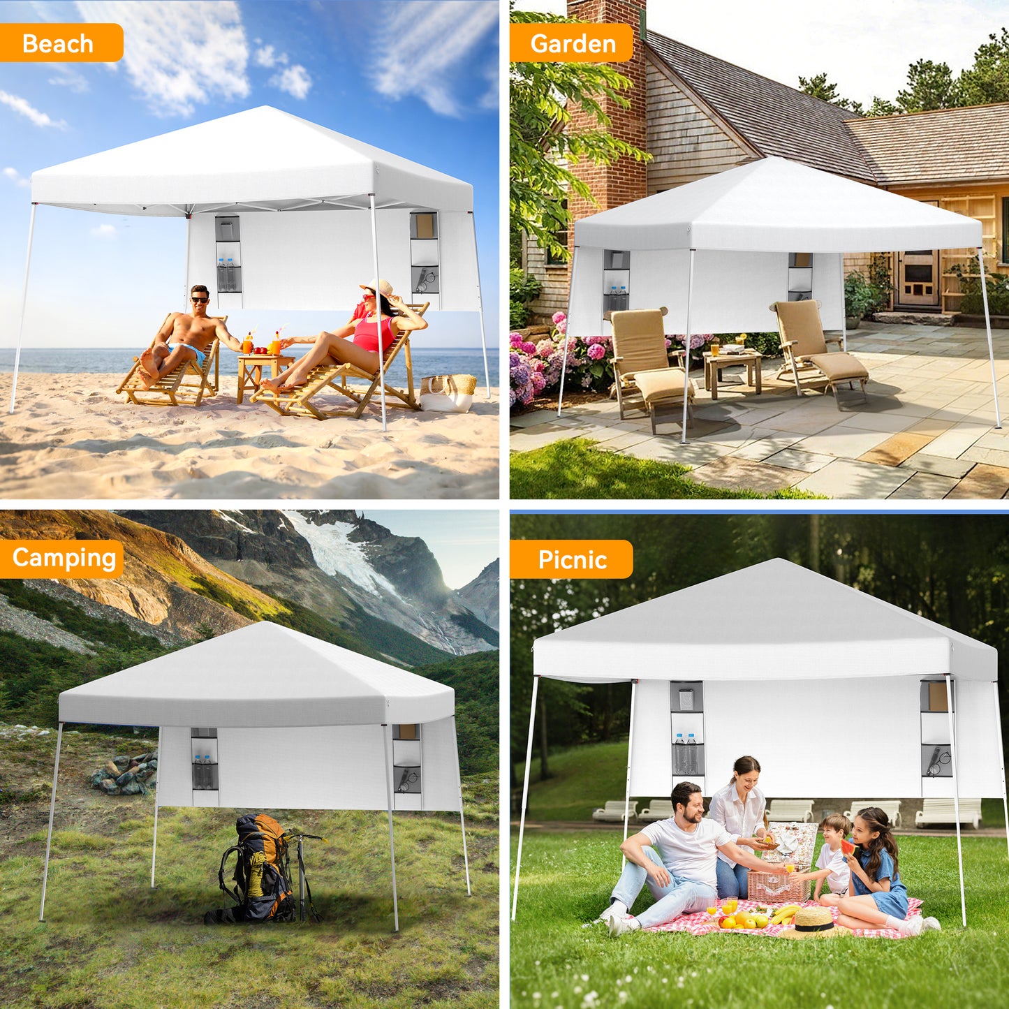 Vecukty 8ft x 8ft Top/10ft x 10ft Base Pop up Canopy Tent With Four Storage Bags For Garden,Beach Instant Tent Carry Bag,White