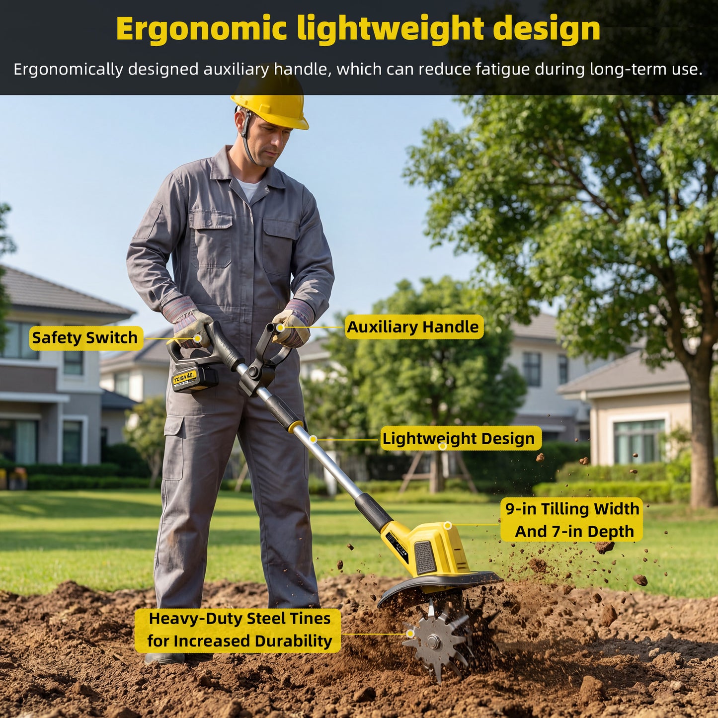 TCISA 20V Cordless Electric Tiller, 9-Inch Width, 300 RPM Battery Powered Garden Cultivator for Soil Tilling and Weeding