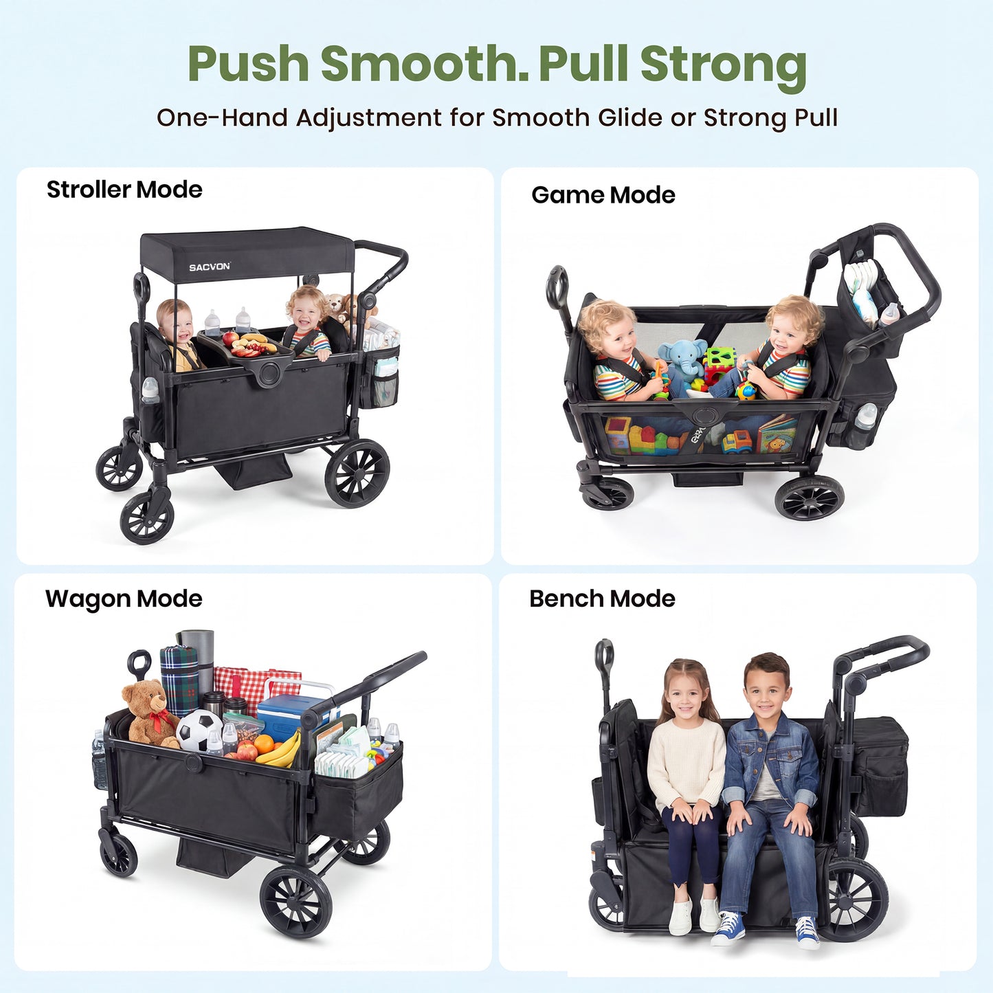 SACVON 2-Seater Stroller Wagon with Side Entry, Canopy & Snack Tray, Includes Removable Storage Bag That Converts to a Backpack-Black
