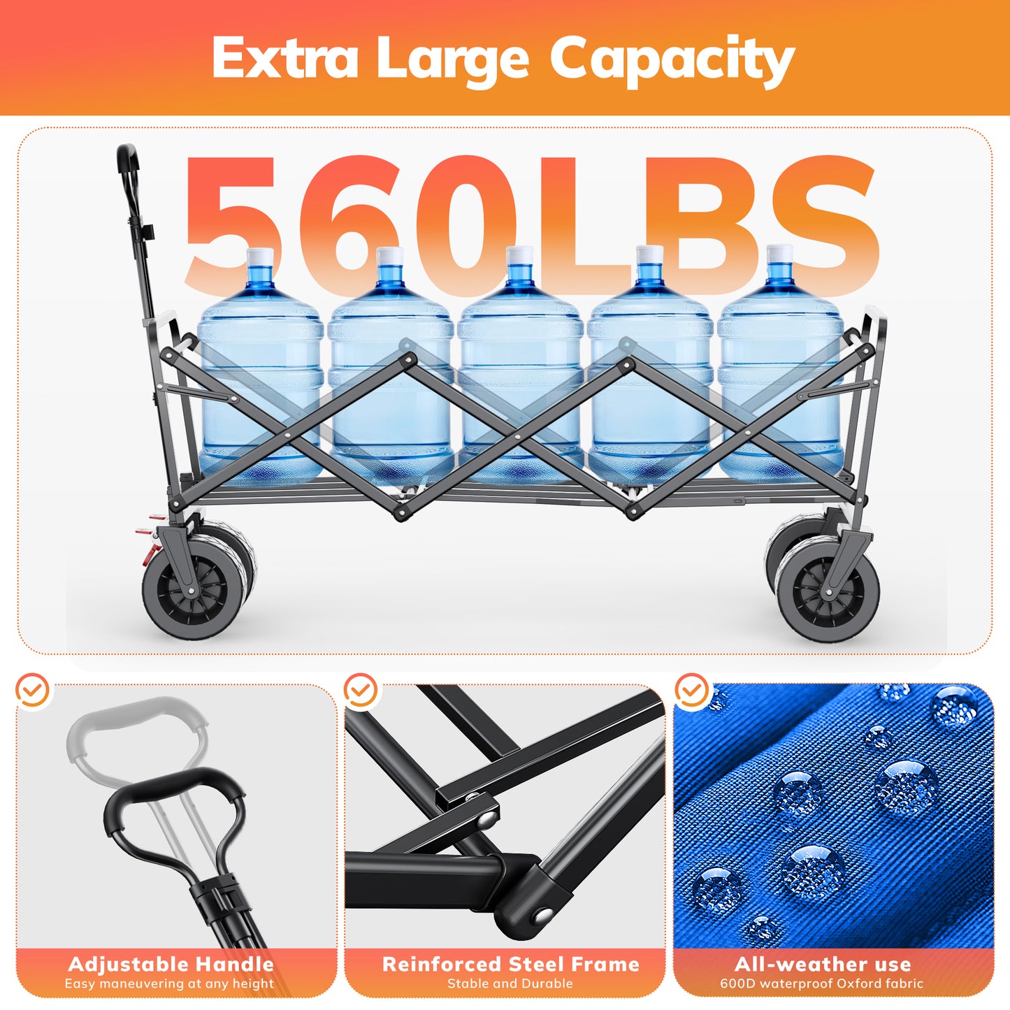Vecukty 51.2" Large Collapsible Folding Wagon Cart, 560 lbs Load Capacity, Heavy-Duty Steel Frame & Oversized Wheels for Grocery Shopping, Camping, Sports, Moving – Blue