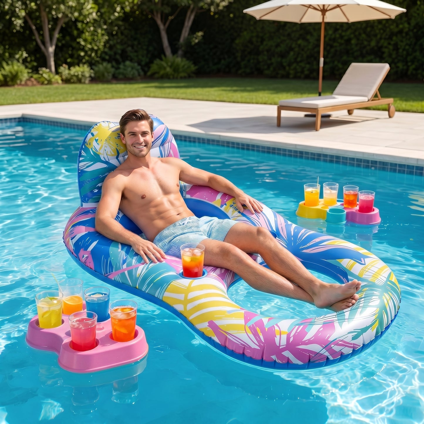 Vecukty Pink Blue Tropical Inflatable Swim Ring Pool Float, Mesh Recliner Lounge with Headrest & Cup Holders for Adults Teens,Swimming Pool Beach Floatie,Unisex