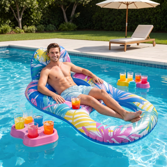 Vecukty Inflatable Pool Recliner Lounge Float, Floating Pool Chair with Headrest, Mesh Seat and Cup Holders, Tropical Print Pool Raft for Adults Teens Swimming Pool Lake Beach