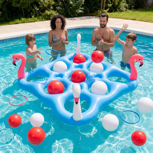 Vecukty Pool Toys Games Set, Floating Inflatable Tic-Tac-Toe Toss Game Toys for Kids Adults, Waterproof Summer Party Swimming Pool Lake Beach Water Games with 10 Balls & 4 Diving Rings