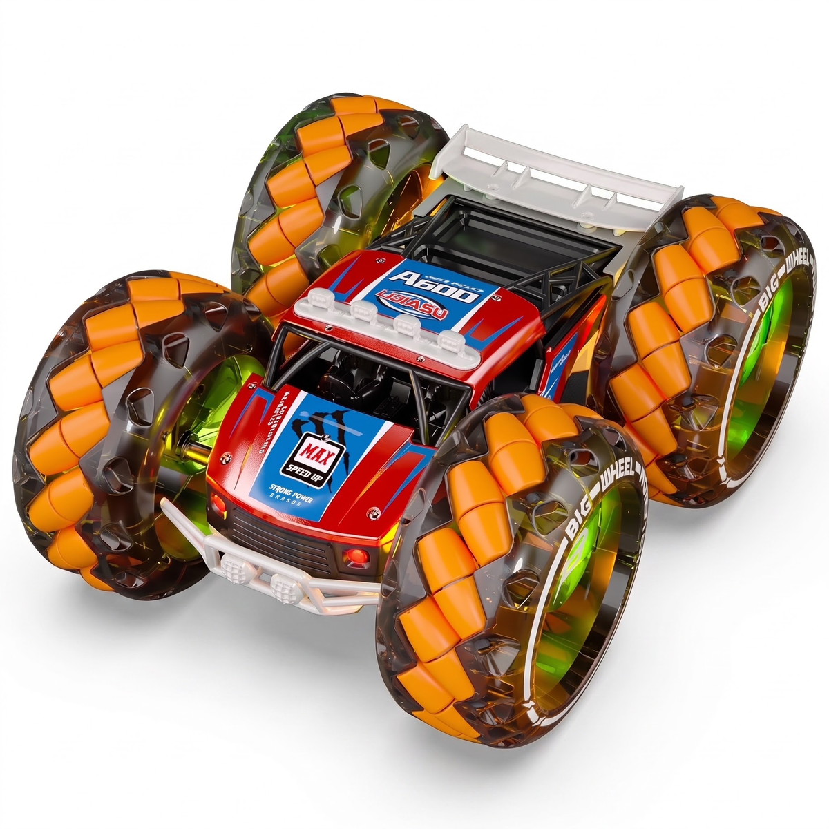 Vecukty 08 Red and Orange RC Stunt Car, 4-Wheel Remote Control Off-Road Toy Car with Lights, Music and 360 Rotation