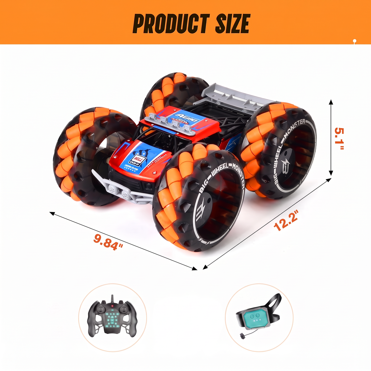 Vecukty 08 Red and Orange RC Stunt Car, 4-Wheel Remote Control Off-Road Toy Car with Lights, Music and 360 Rotation