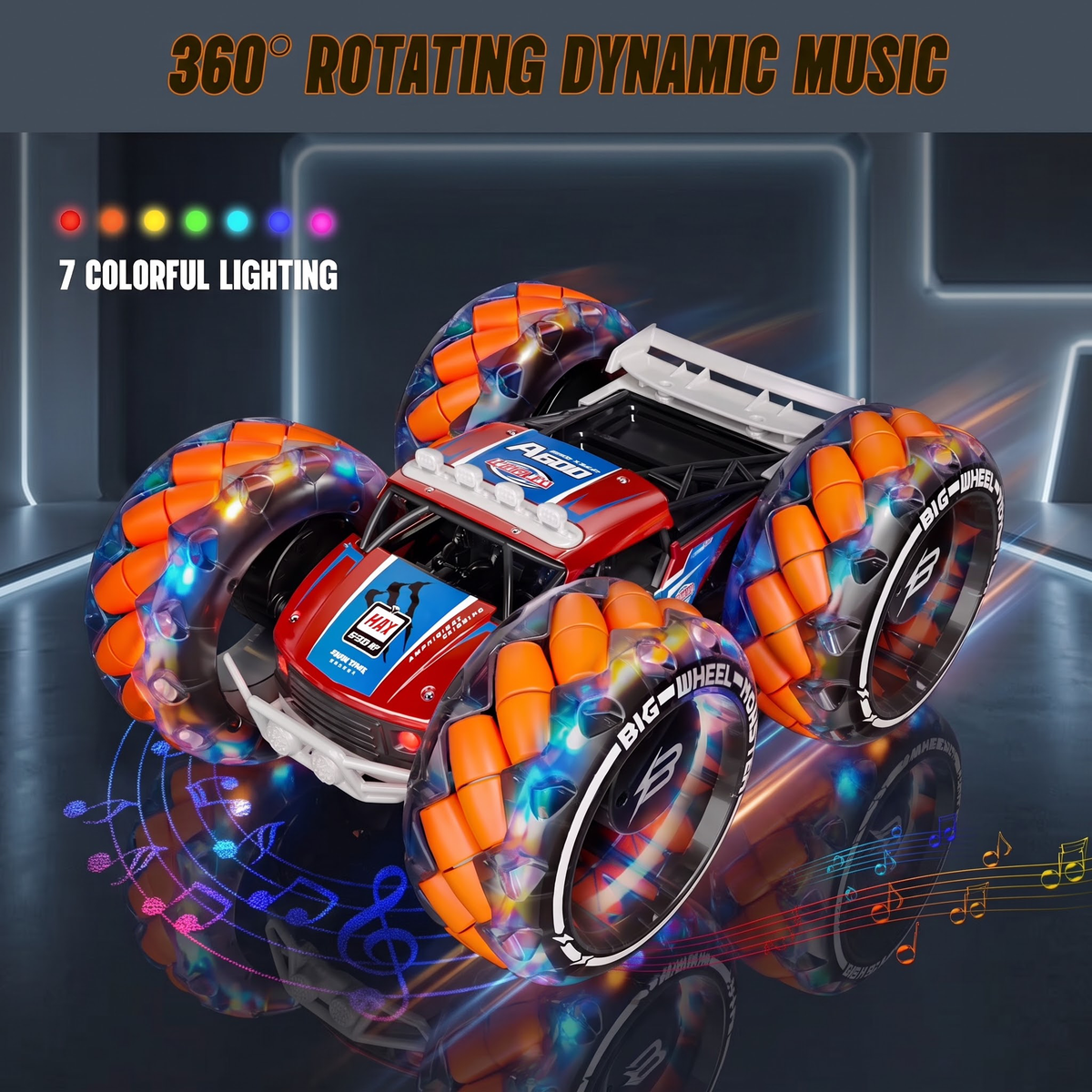 Vecukty 08 Red and Orange RC Stunt Car, 4-Wheel Remote Control Off-Road Toy Car with Lights, Music and 360 Rotation
