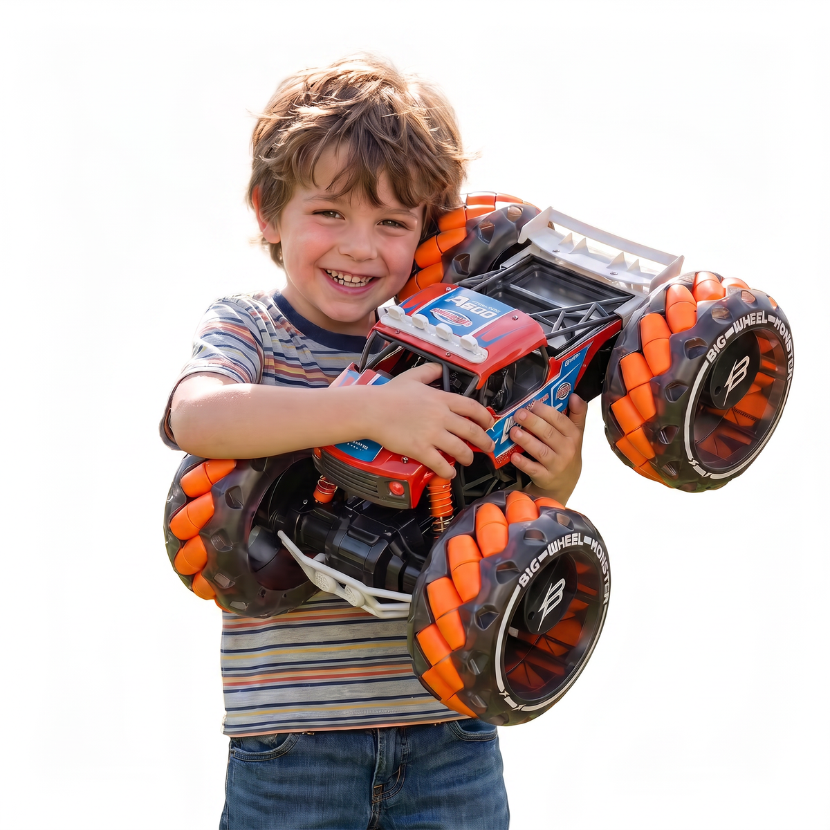 Vecukty 08 Red and Orange RC Stunt Car, 4-Wheel Remote Control Off-Road Toy Car with Lights, Music and 360 Rotation