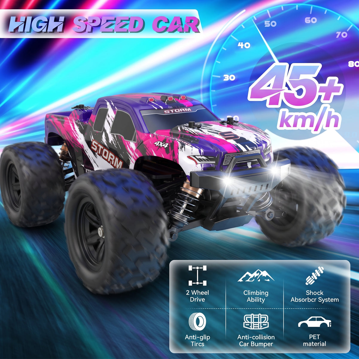 Vecukty 1:18 Scale RC Monster Truck, 45+ MPH 4WD Waterproof Off‑Road Remote Control Car, with 2 Rechargeable Batteries, Birthday Christmas Holiday Gift for Boys Teens Adults