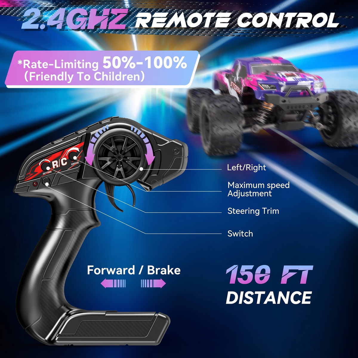 Vecukty 1:18 Scale RC Monster Truck, 45+ MPH 4WD Waterproof Off‑Road Remote Control Car, with 2 Rechargeable Batteries, Birthday Christmas Holiday Gift for Boys Teens Adults