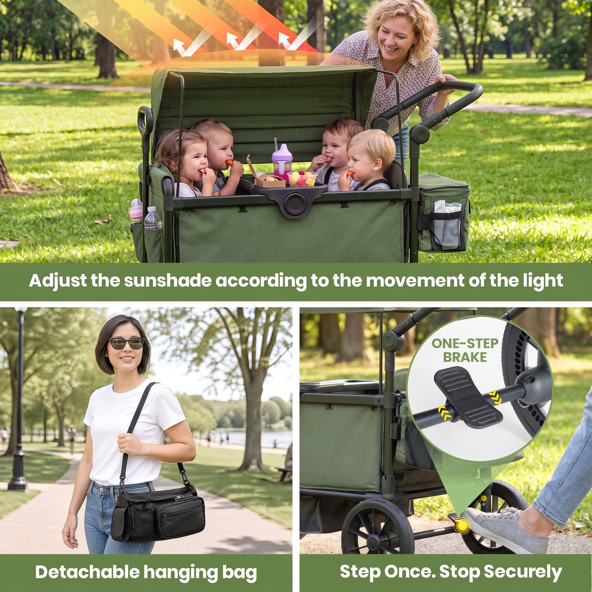 SACVON 4-Seater Stroller Wagon with Side Entry, Canopy & Snack Tray, Includes Detachable Storage Bag That Converts to a Backpack– Olive Green