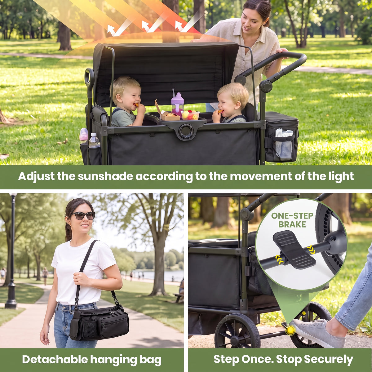 SACVON 2-Seater Stroller Wagon with Side Entry, Canopy & Snack Tray, Includes Removable Storage Bag That Converts to a Backpack-Olive Green