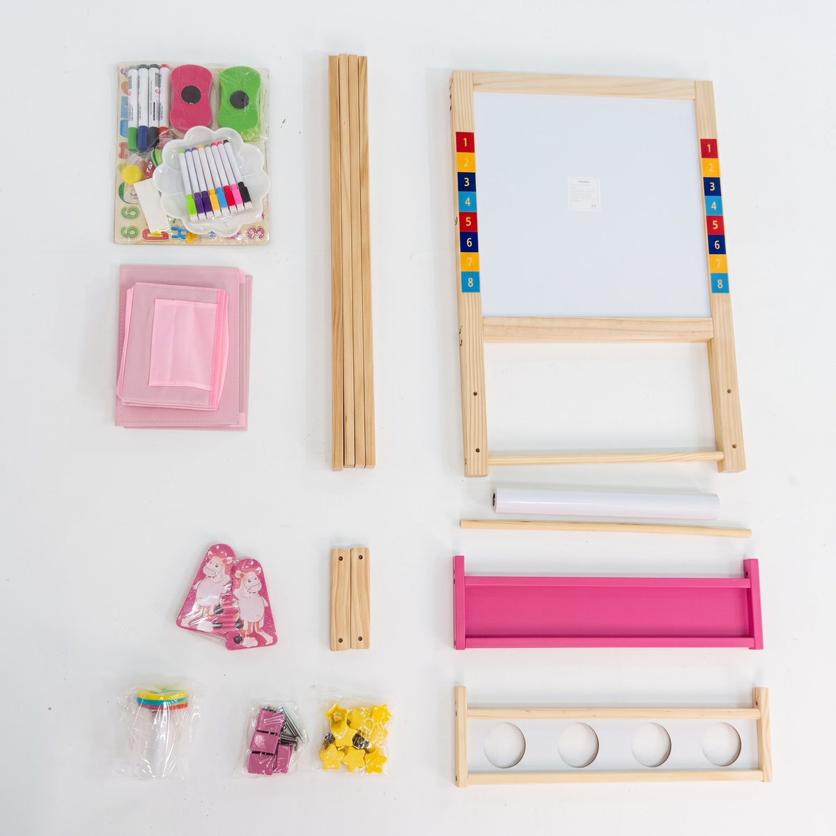 Kids Art Easel, Pink Unicorn 3‑in‑1 Wooden Standing Drawing Board, Adjustable Height Double‑Sided Magnetic Whiteboard & Chalkboard with Paper Roll for Toddlers Boys Girls Ages 3‑10