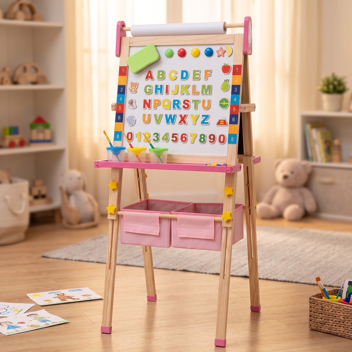Kids Art Easel, Pink Unicorn 3‑in‑1 Wooden Standing Drawing Board, Adjustable Height Double‑Sided Magnetic Whiteboard & Chalkboard with Paper Roll for Toddlers Boys Girls Ages 3‑10