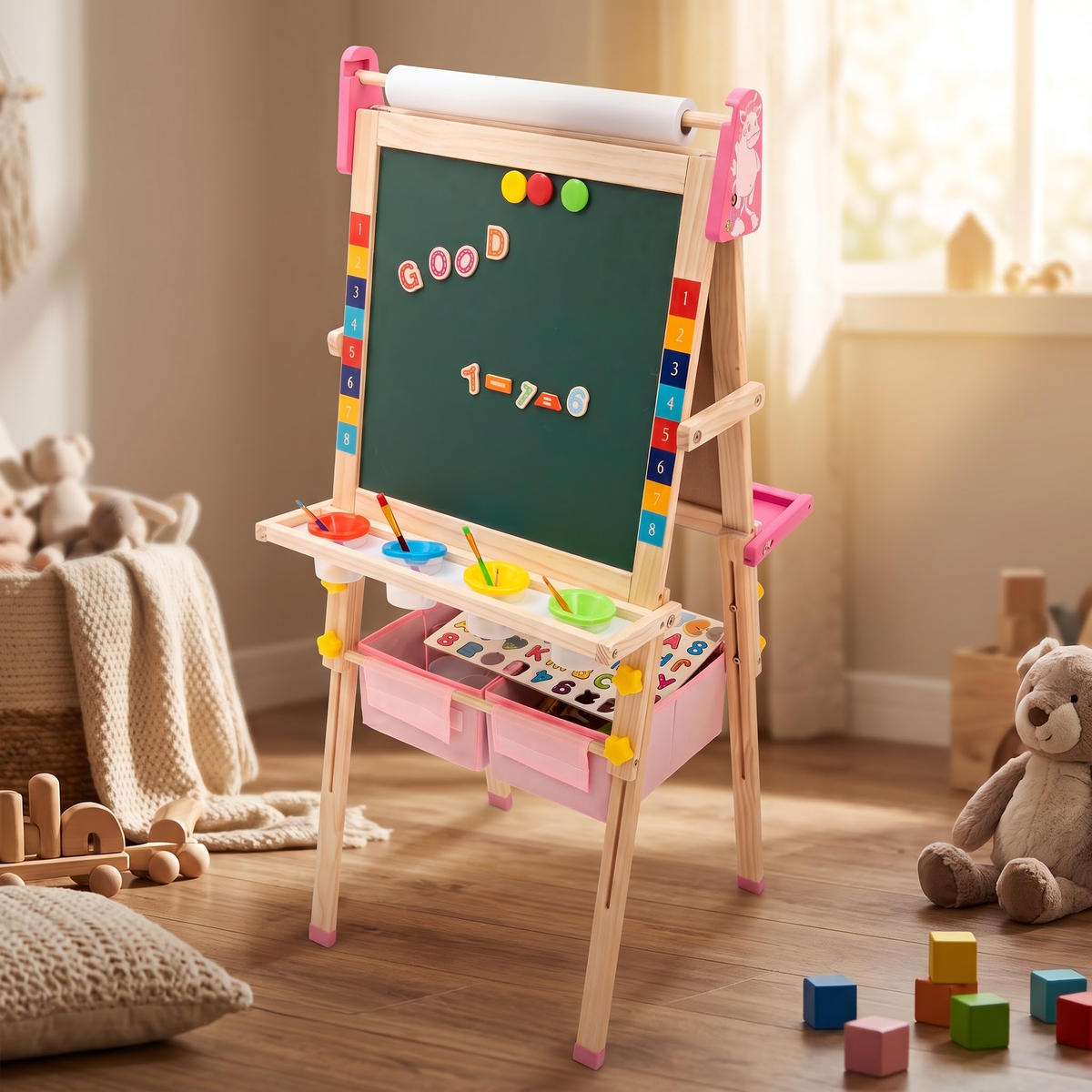 Kids Art Easel, Pink Unicorn 3‑in‑1 Wooden Standing Drawing Board, Adjustable Height Double‑Sided Magnetic Whiteboard & Chalkboard with Paper Roll for Toddlers Boys Girls Ages 3‑10