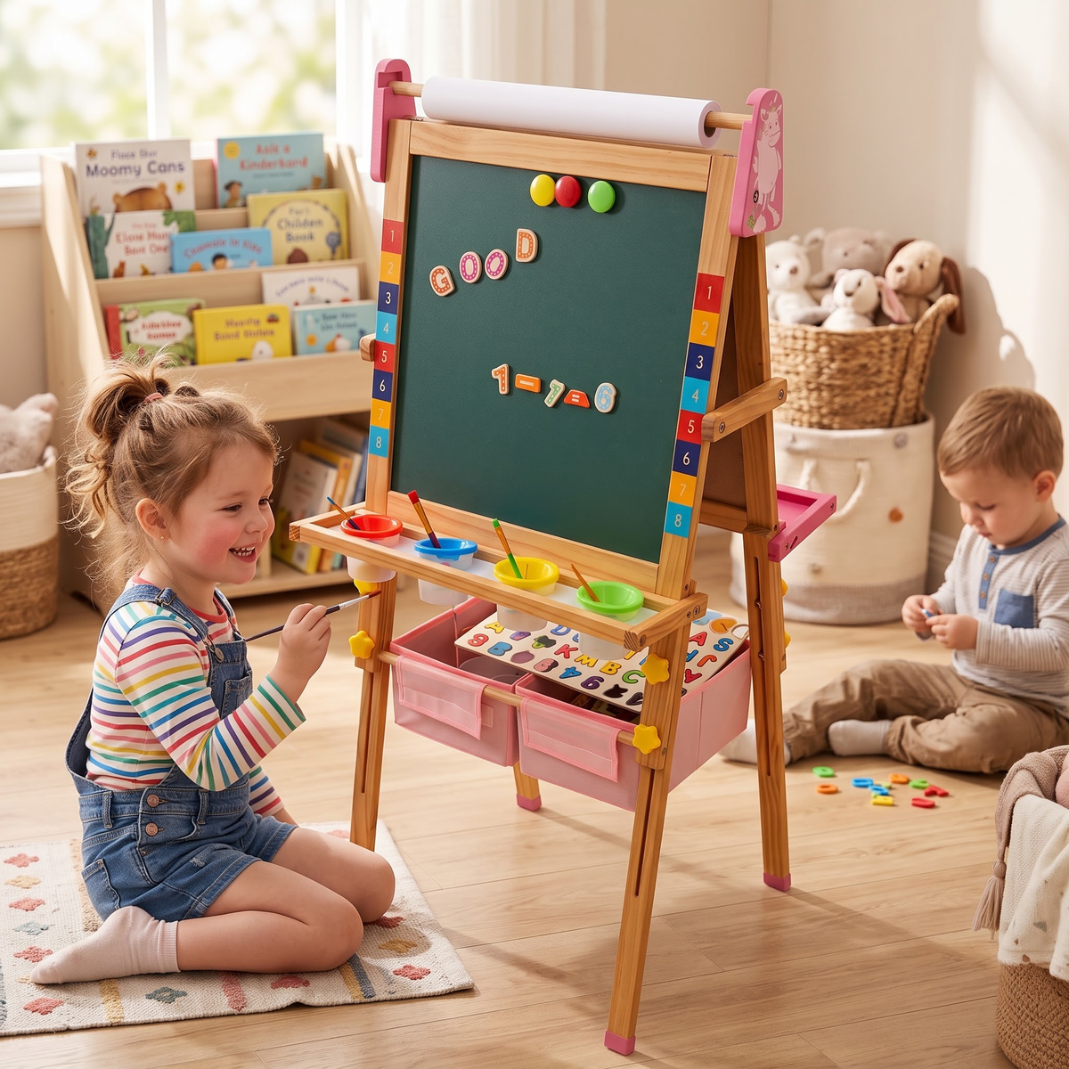 Kids Art Easel, Pink Unicorn 3‑in‑1 Wooden Standing Drawing Board, Adjustable Height Double‑Sided Magnetic Whiteboard & Chalkboard with Paper Roll for Toddlers Boys Girls Ages 3‑10