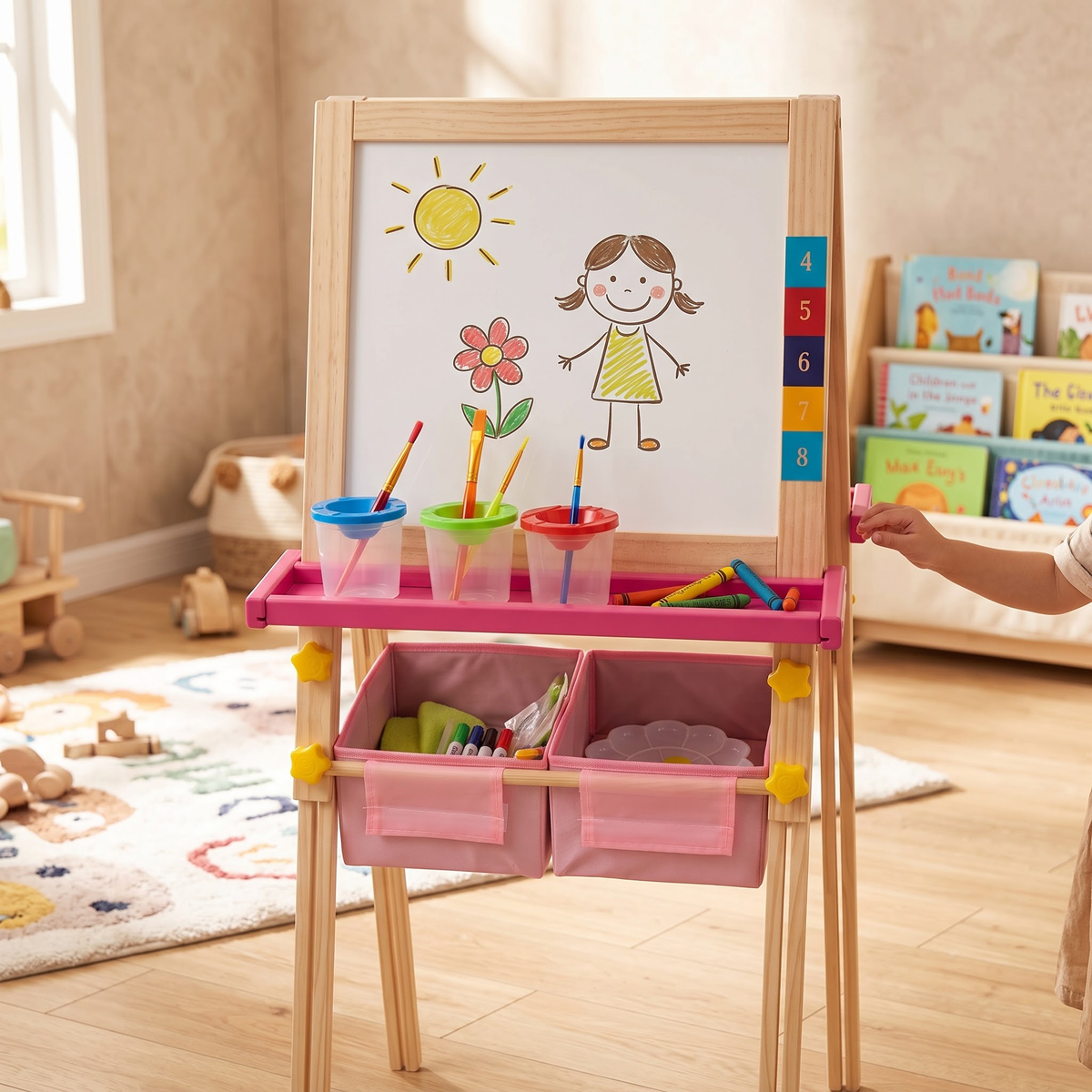 Kids Art Easel, Pink Unicorn 3‑in‑1 Wooden Standing Drawing Board, Adjustable Height Double‑Sided Magnetic Whiteboard & Chalkboard with Paper Roll for Toddlers Boys Girls Ages 3‑10