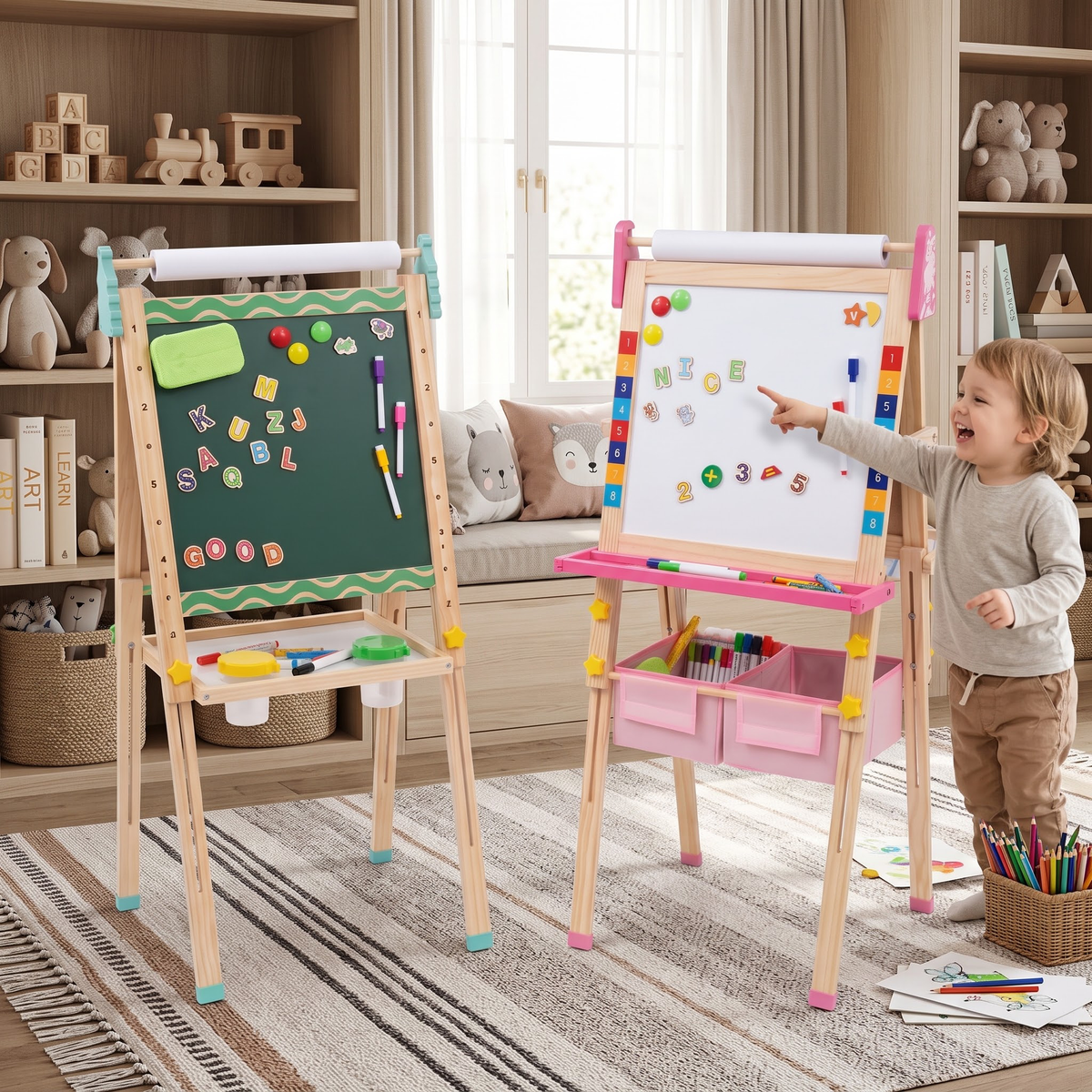 VECUKTY Kids Art Easel, Robot 3‑in‑1 Wooden Adjustable Height Magnetic Drawing Board & Chalkboard, Detachable Paper Roll Painting Stand Set for Toddlers Boys Girls Ages 3‑10