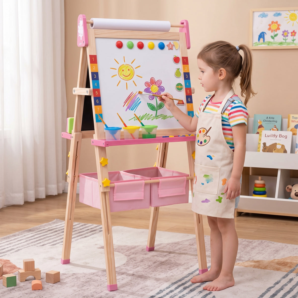 Kids Art Easel, Pink Unicorn 3‑in‑1 Wooden Standing Drawing Board, Adjustable Height Double‑Sided Magnetic Whiteboard & Chalkboard with Paper Roll for Toddlers Boys Girls Ages 3‑10