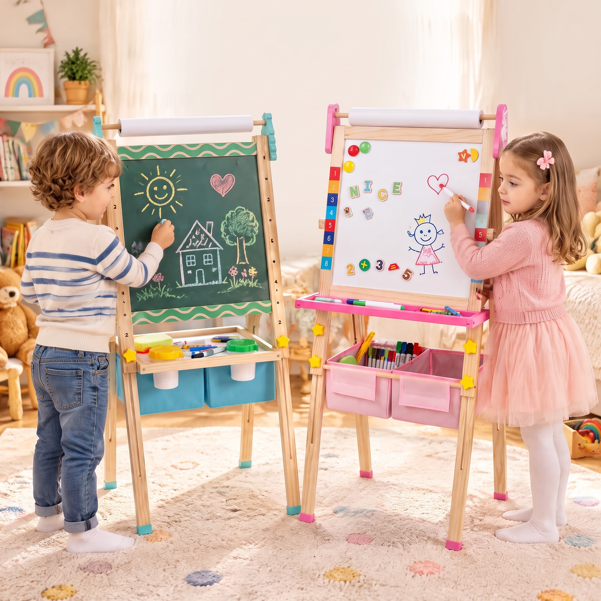 VECUKTY Kids Art Easel, Robot 3‑in‑1 Wooden Adjustable Height Magnetic Drawing Board & Chalkboard, Detachable Paper Roll Painting Stand Set for Toddlers Boys Girls Ages 3‑10