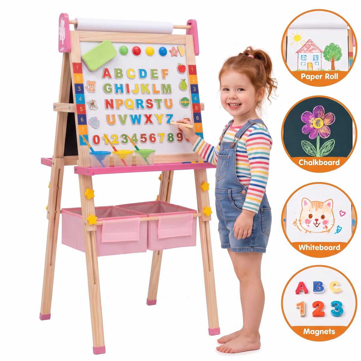 Kids Art Easel, Pink Unicorn 3‑in‑1 Wooden Standing Drawing Board, Adjustable Height Double‑Sided Magnetic Whiteboard & Chalkboard with Paper Roll for Toddlers Boys Girls Ages 3‑10