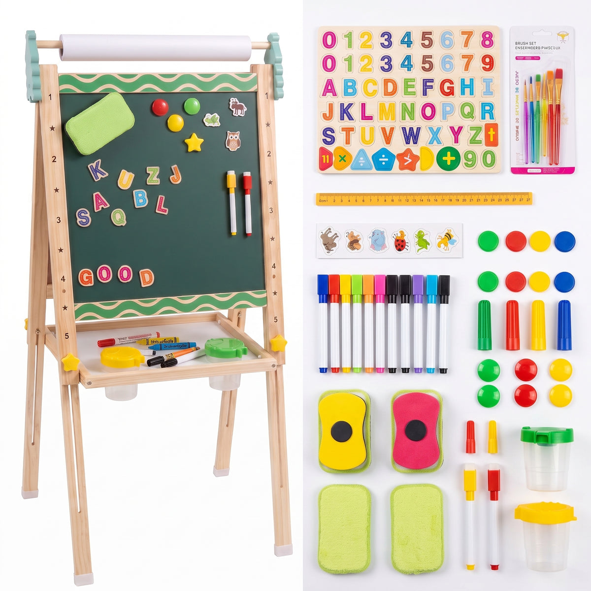 VECUKTY Kids Art Easel, Robot 3‑in‑1 Wooden Adjustable Height Magnetic Drawing Board & Chalkboard, Detachable Paper Roll Painting Stand Set for Toddlers Boys Girls Ages 3‑10