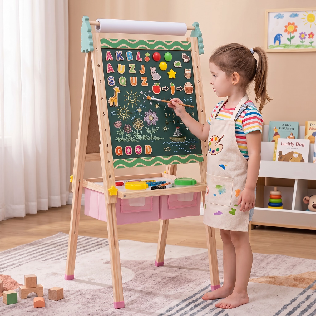 VECUKTY Kids Art Easel, Robot 3‑in‑1 Wooden Adjustable Height Magnetic Drawing Board & Chalkboard, Detachable Paper Roll Painting Stand Set for Toddlers Boys Girls Ages 3‑10