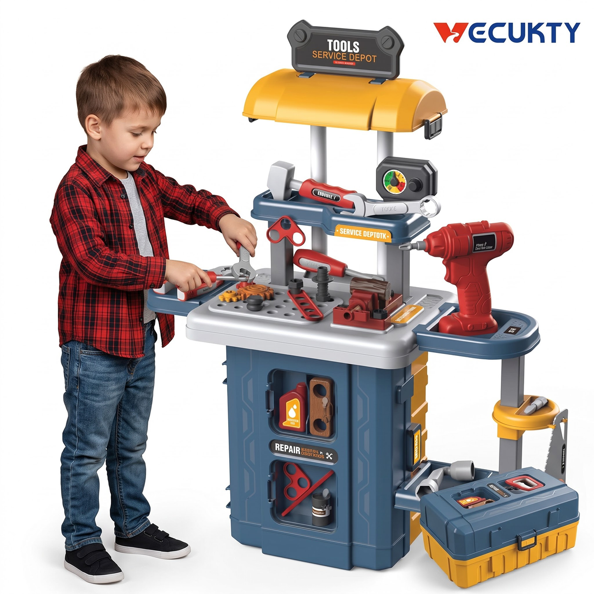 Vecukty 46Pcs Play Tool Set for Kids, Toy Tool Kit with Realistic Lights and Sounds, Simulation Spray, Pretend Repair Kit, Gift for Toddlers Girls Boys