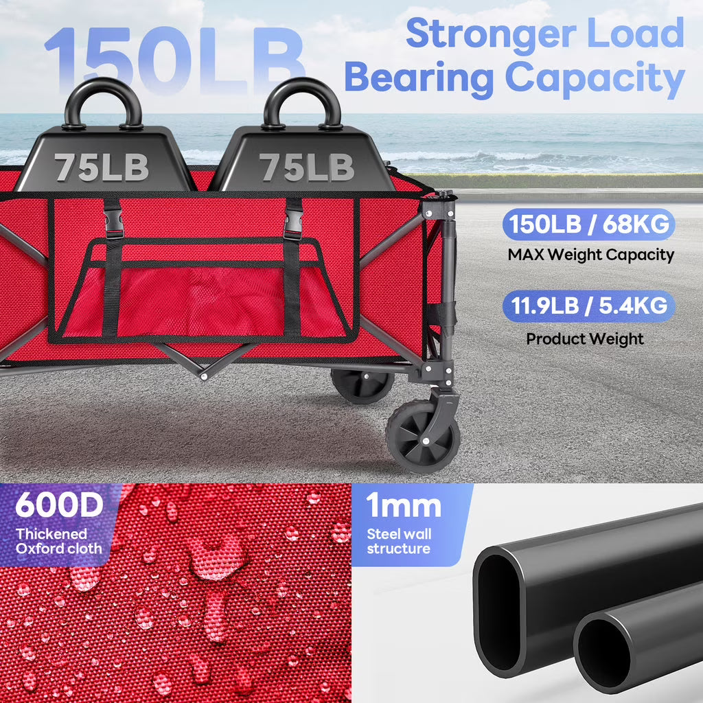 Gathered Collapsible Mini Camping Wagon, Vecukty Portable Foldable Cart, Heavy Duty Folding Utility Grocery Wagon with 150lbs, for Shopping,Sports,Fishing,Beach,Garden,Red