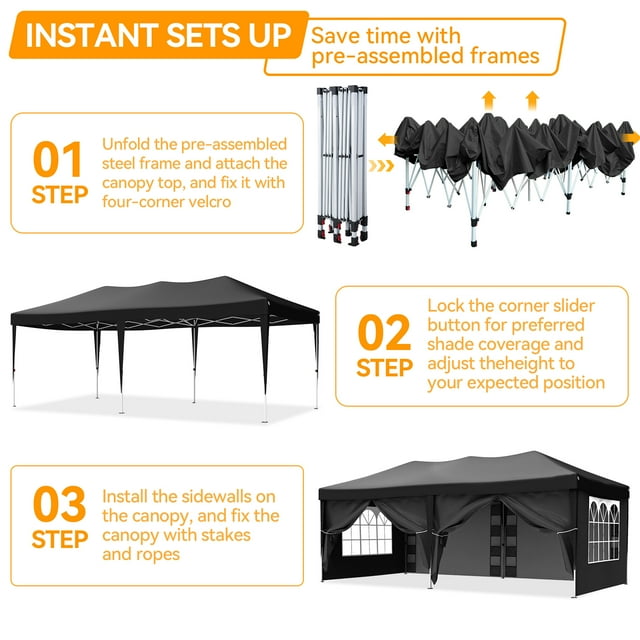 VECUKTY 10 x 20ft Pop up Canopy Tent with 6 Sidewalls, Wheeled Bag, Shelter for Outdoor Shade,Black