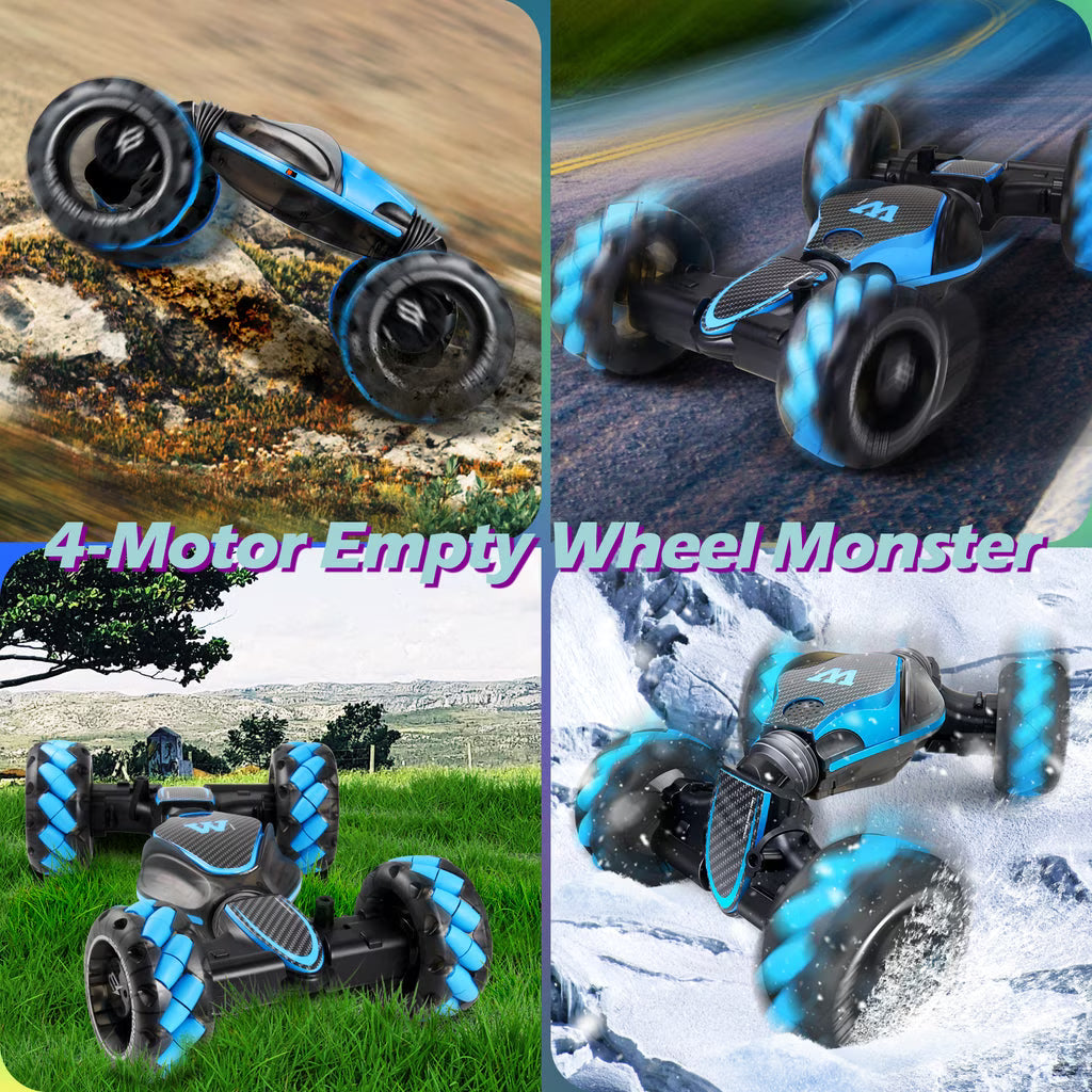 Vecukty 1:10 RC Twisting Stunt Car with Giant Wheels, Water Mist Function, Lights and Music, 2.4GHz Remote Control Toy Car, Blue