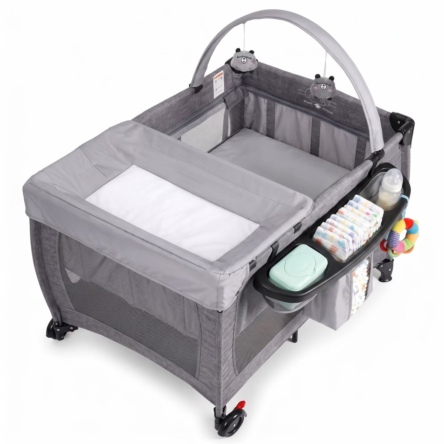 SACVON Baby Playard with Detachable Infant Bassinet and Changing Table, Foldable Travel Play Yard with Storage Basket and Wheels, Gray