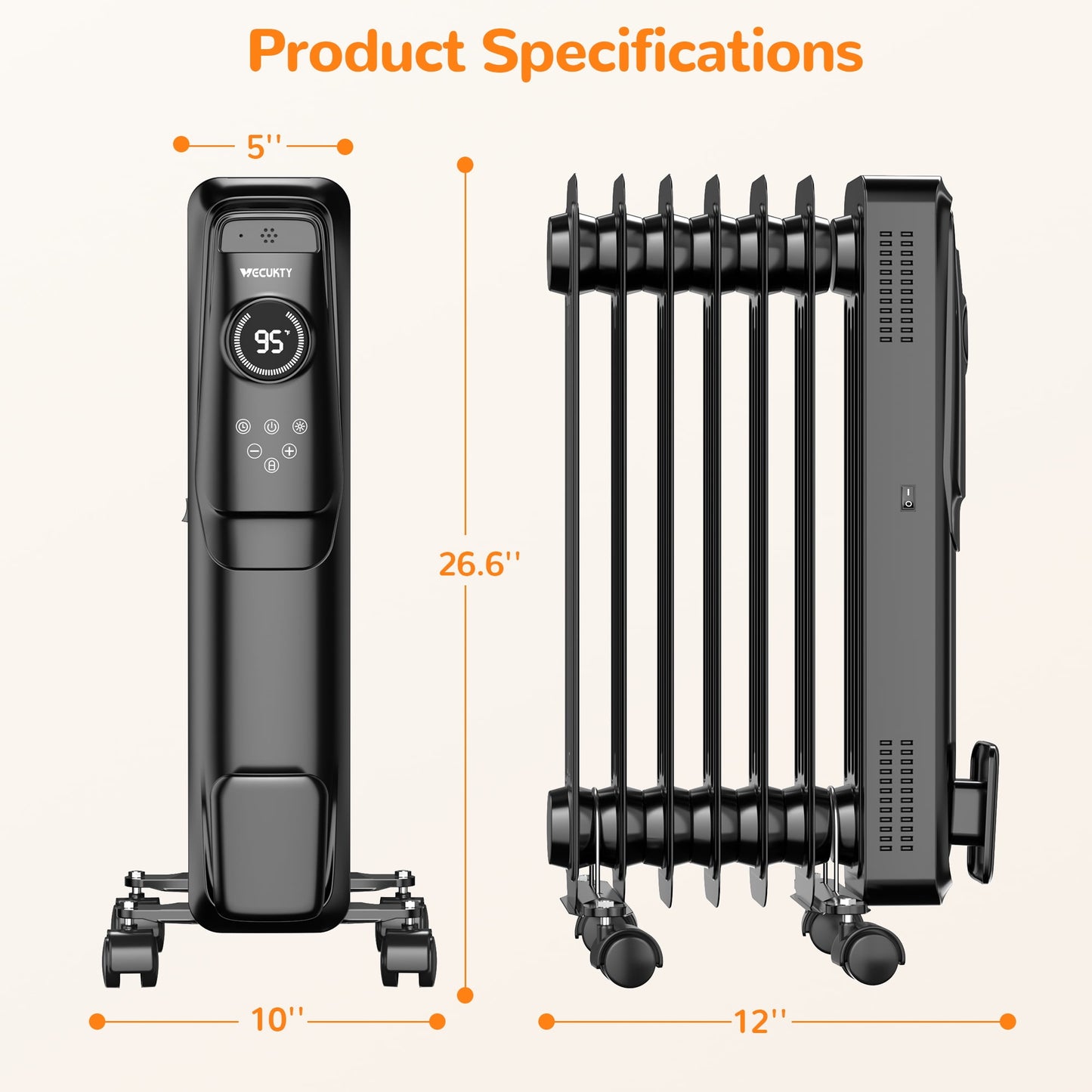 VECUKTY 1500W Oil Radiator Heater, Electric Oil Filled Space Heater Radiator with Remote Control,Child Lock,3 Modes,Overheat & Tip-Over Protection，24h Timer Digital Thermostat,Black
