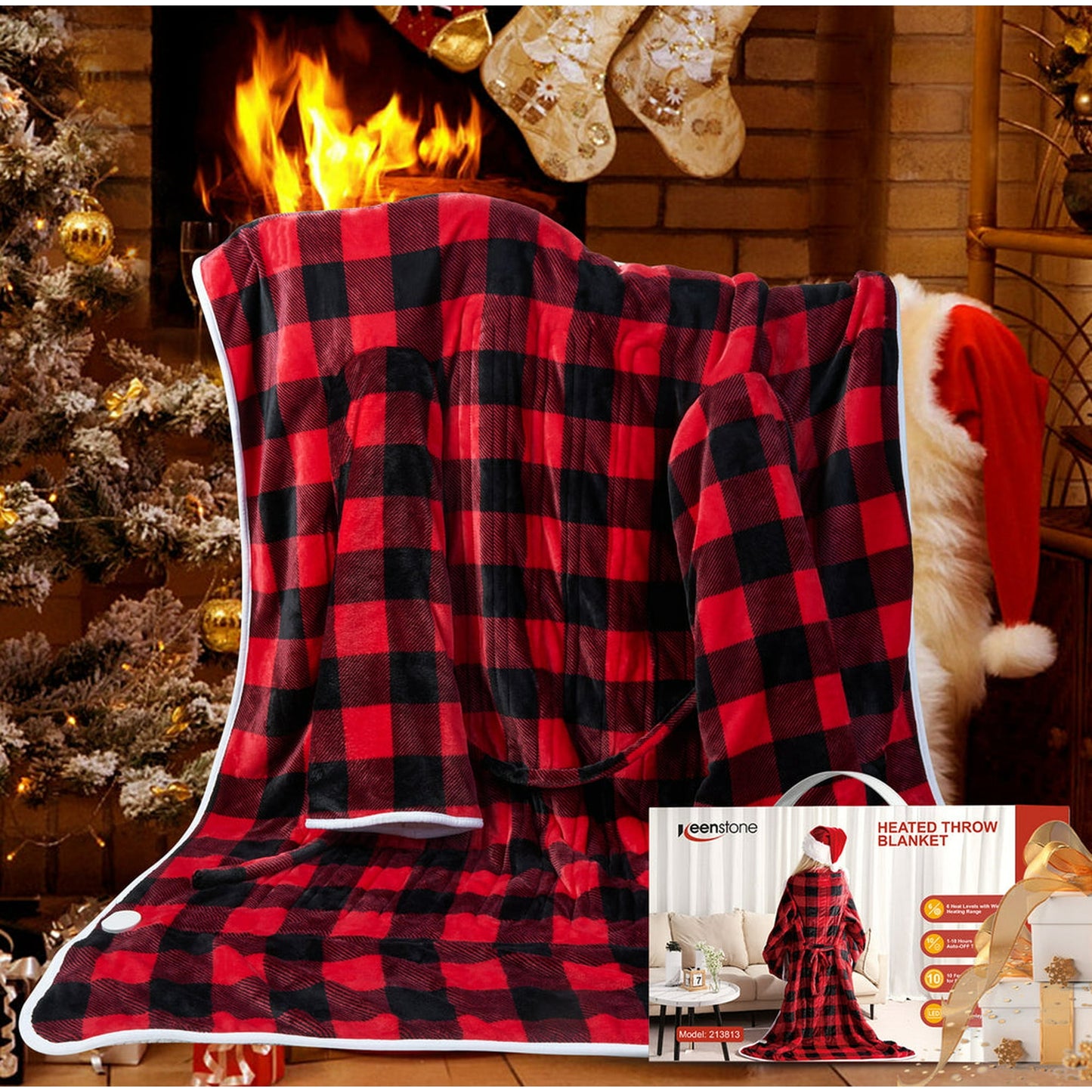 Wearable Electric Heating Blanket with Waistband and Sleeves - VECUKTY Cozy Plaid Heated Throw with 6 Heat Levels and Timer Settings - 50 x 70 inch,Red