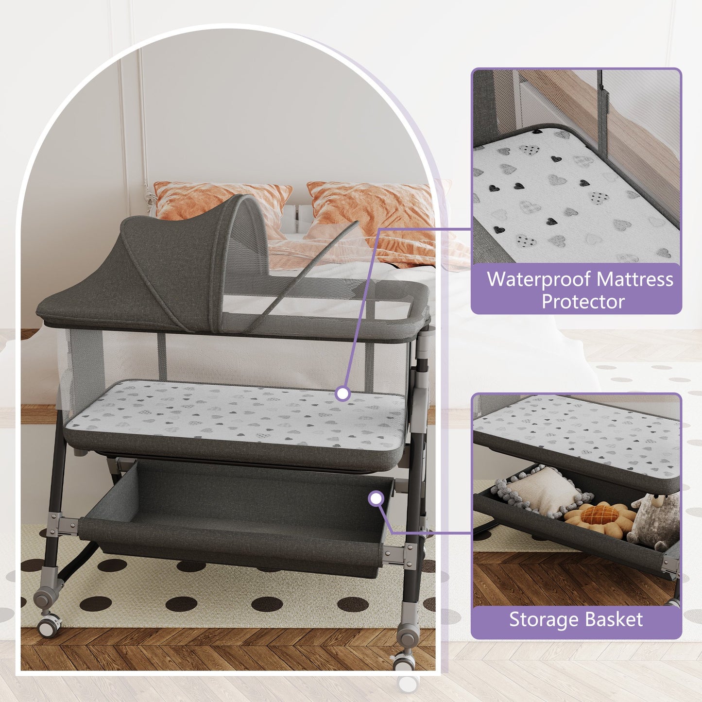 SACVON Baby Bassinet, Beside Sleeper for Baby, Bedside Bassinet with Storage Basket and Wheels to Reduce Mom's Fatigue, Gray