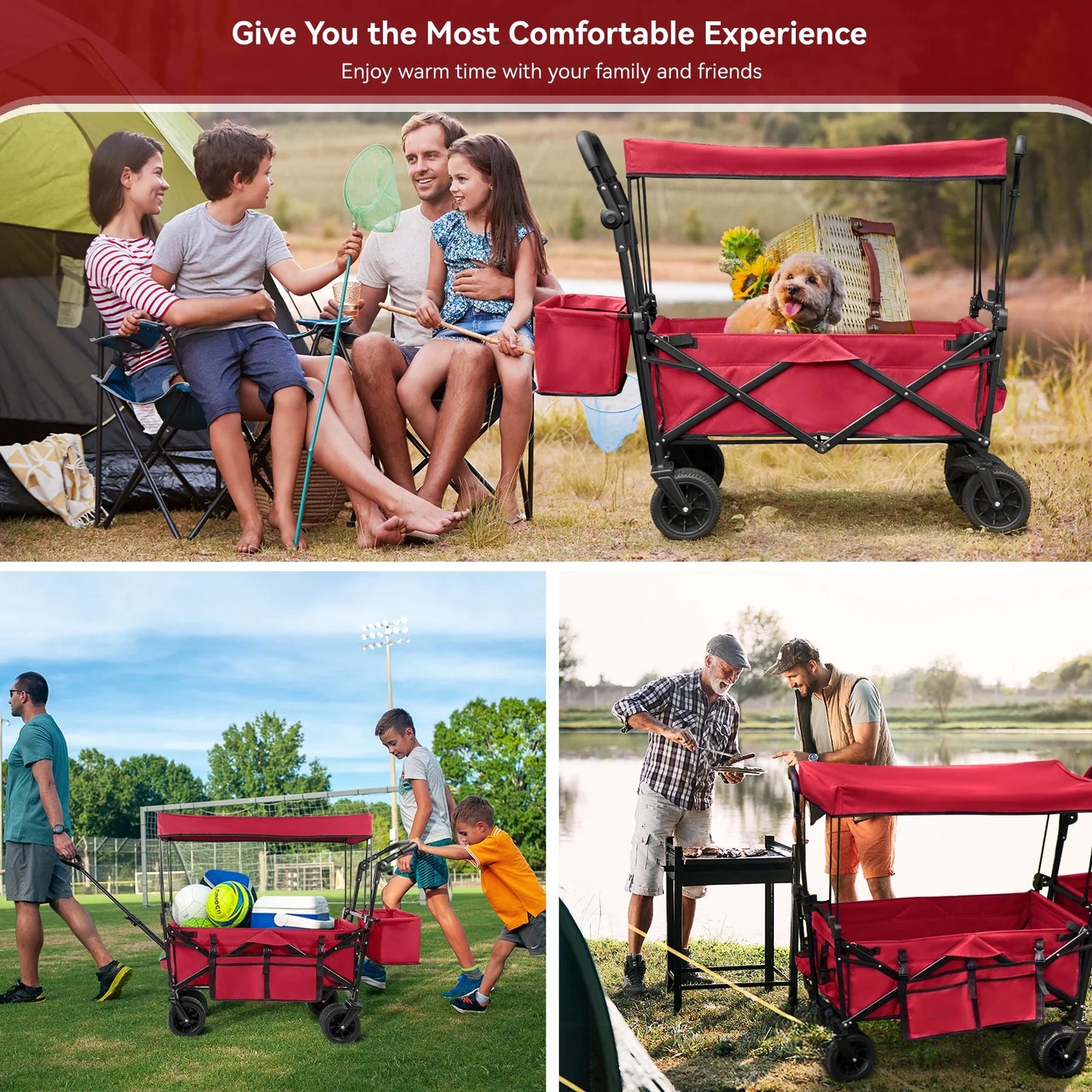 VECUKTY Collapsible Garden Wagon Cart with Removable Canopy Red