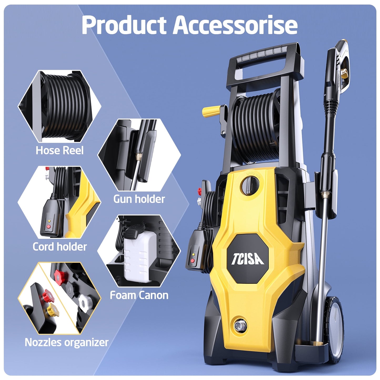 TCISA 4200 PSI Electric Pressure Washer,Max 3GPM Power Washer with 35FT Power Cord 20FT Hose 5 Nozzles and Built-in Soap Cannon for Car Garden Yard Hom