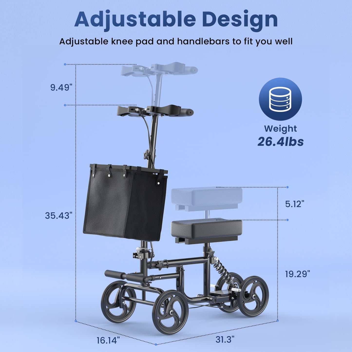 SACVON Knee Scooter, All Terrain Foldable Knee Scooter Walker with Brakes, for Foot Injuries Compact Crutches Alternative