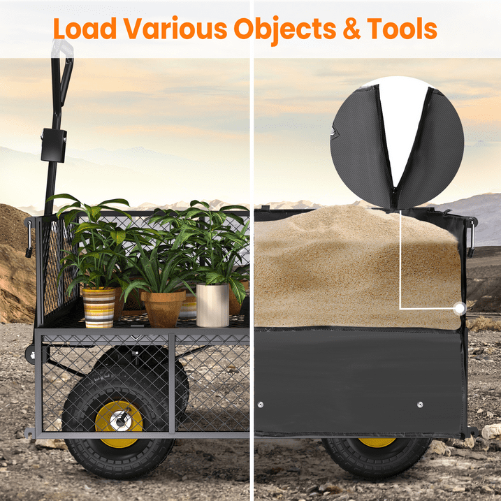 VECUKTY Heavy Duty Steel Dump Garden Cart with Liner, 900lbs Wagon 3 Cu ft 10" Wheel, Black