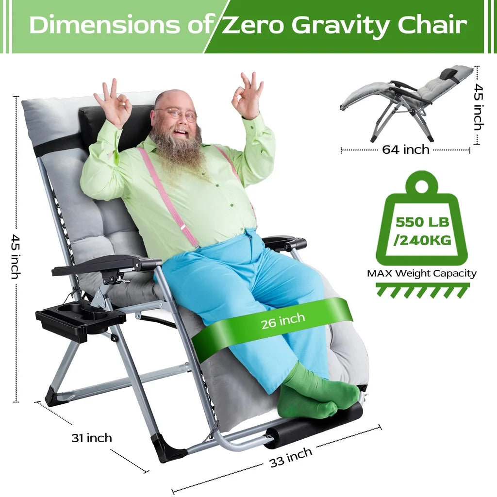Zero Gravity Chair,VECUKTY Patio Lawn for Indoor and Outdoor Chairs ,550lbs Oversized XL 33IN Ergonomic Lounge Folding Reclining Chair,Gray