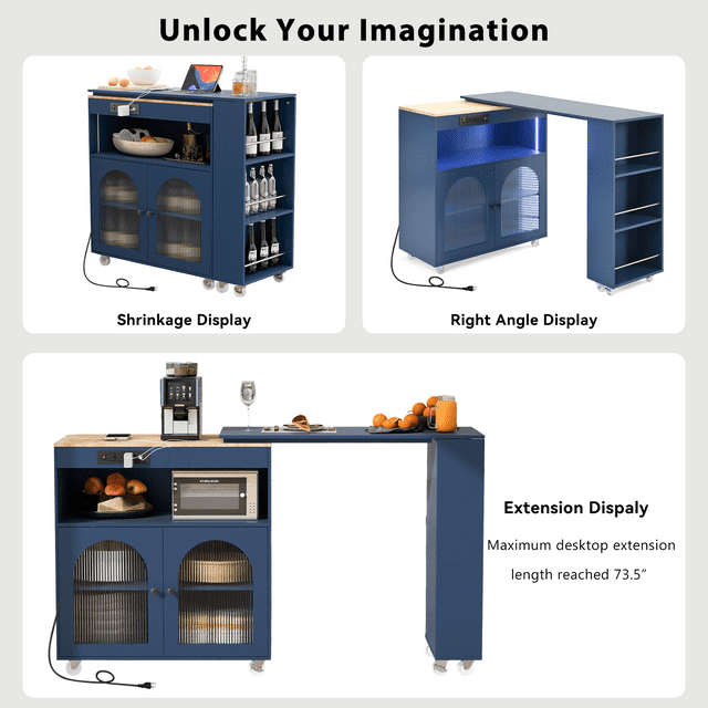 TCISA Rolling Kitchen Island Cart Extendable Table With Fluted Glass Doors, LED Lights & Power Outlets,Navy Blue