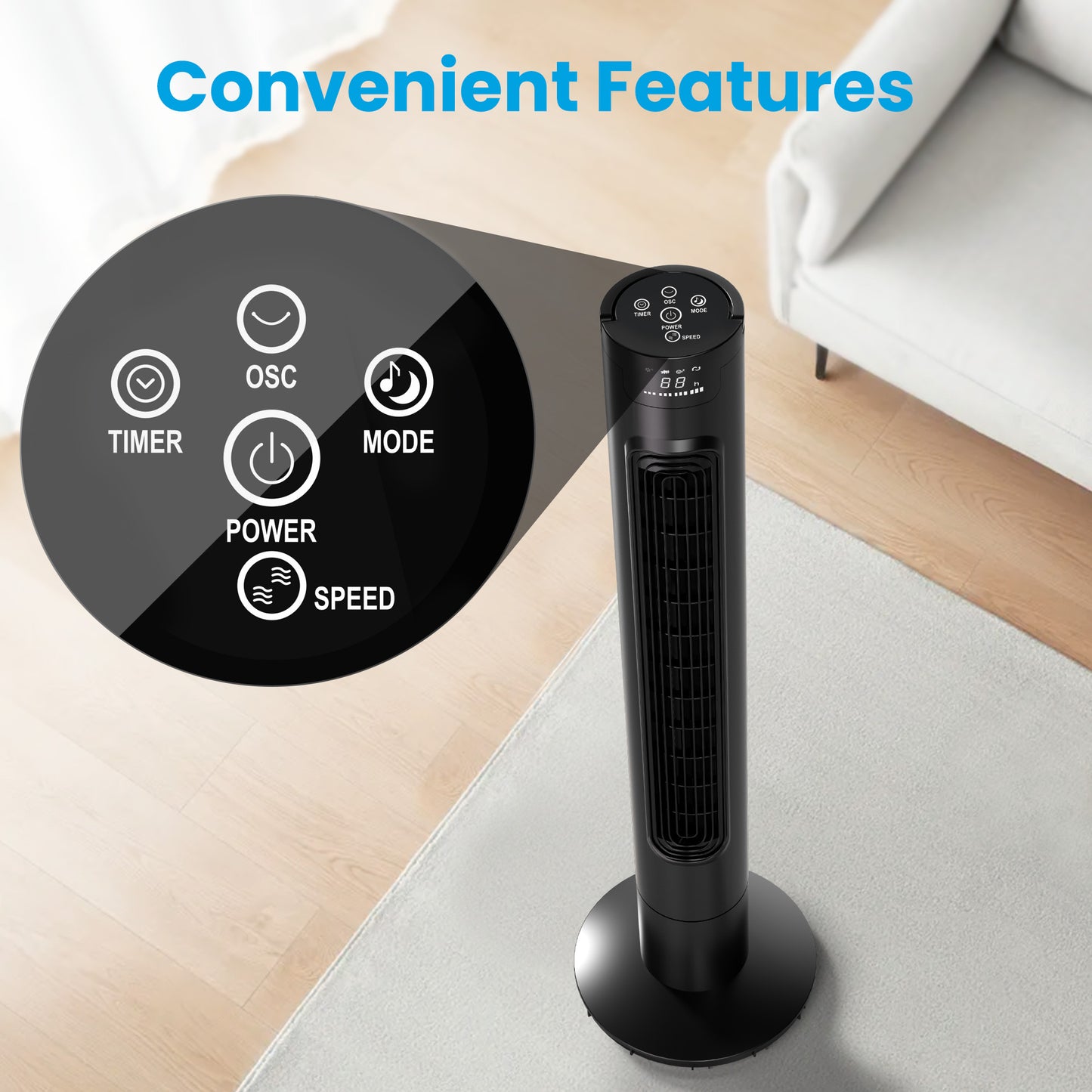 Keenstone Tower Fan for Bedroom, 38 Inch Bladeless Fan, 75° Oscillating Fan, Quiet Floor Fan with Remote, LED Display, 3 Speeds 3 Modes, 7.5H Timer, Standing Fans for Home Living Room Office - Black