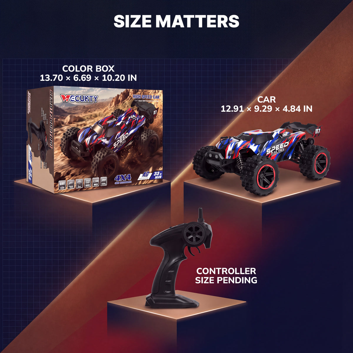 Vecukty 1:14 Scale 4WD RC Off-Road Truck, 40 KM/H High Speed Vehicle, Water Resistant, Dual 7.4V 1500mAh Batteries, 2.4GHz Remote Control with LED Lights